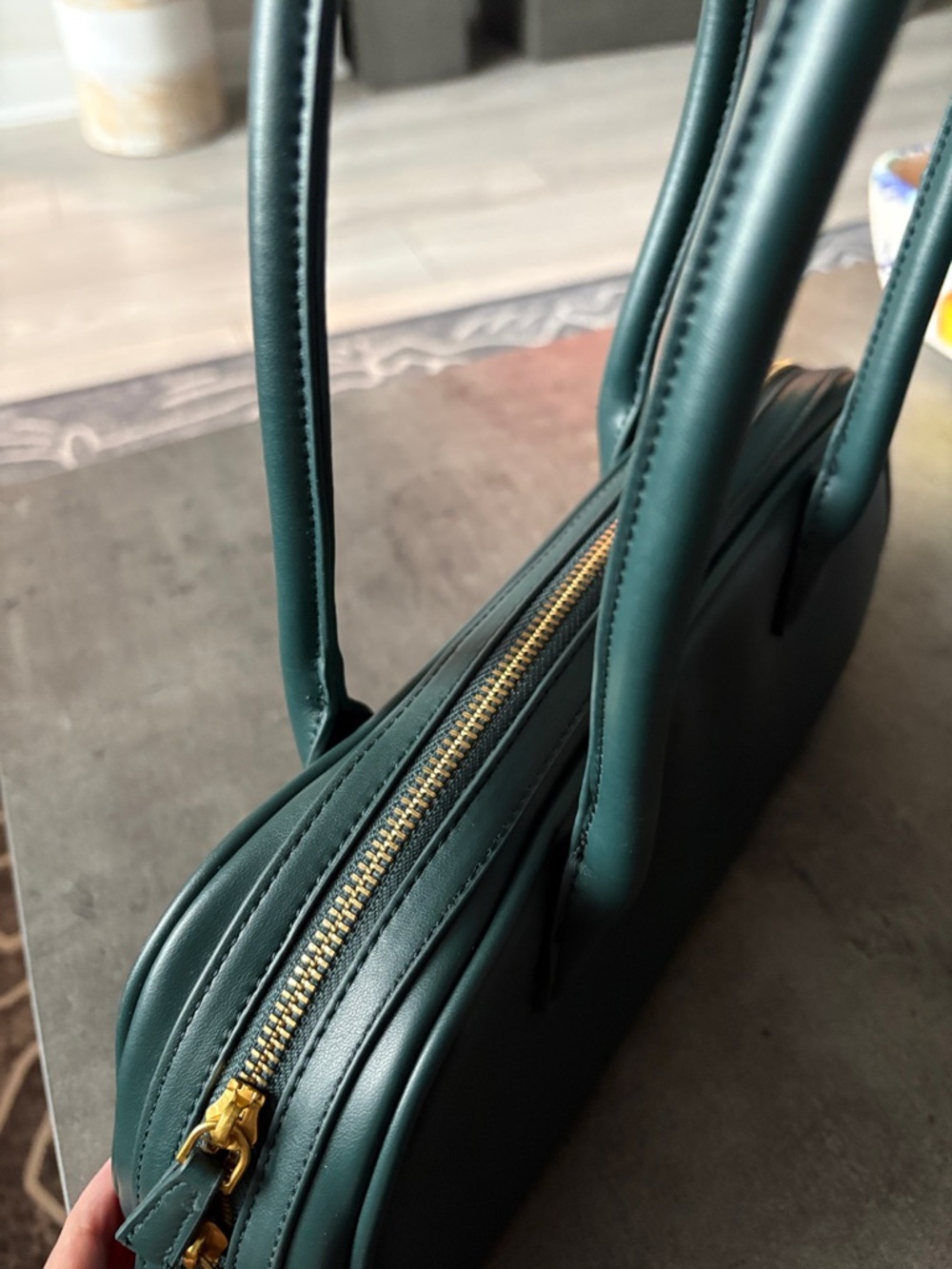 Dark Green faux Leather Shoulder Bag with Gold Zipper - Picture 2 of 4